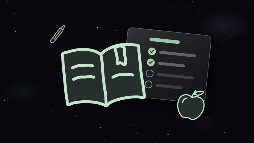 Open notebook, checklist, apple and pencil under a starry sky.